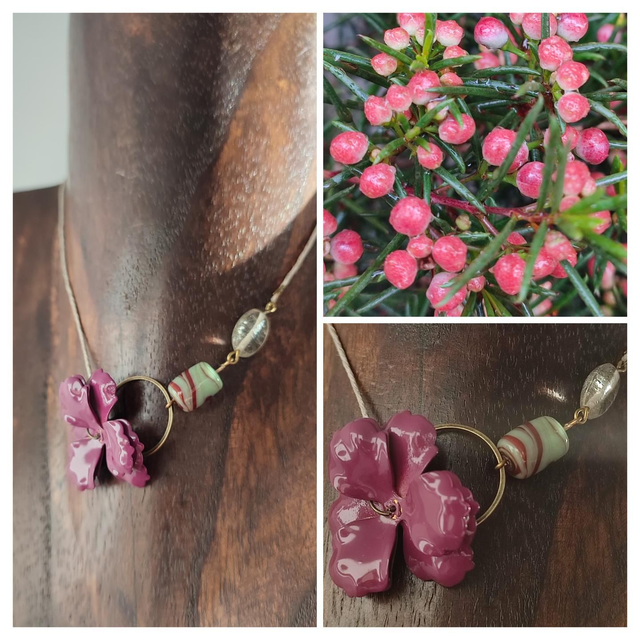 Z-Collier fleur fushia en acier et verre de Murano monté sur fil de lin avec chaîne d&#039;extension, pièce unique 