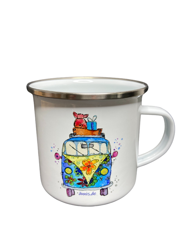 Emailletasse "Bully mit Schwein"