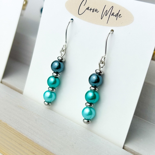 Glass pearl dangle earrings teal and turquoise