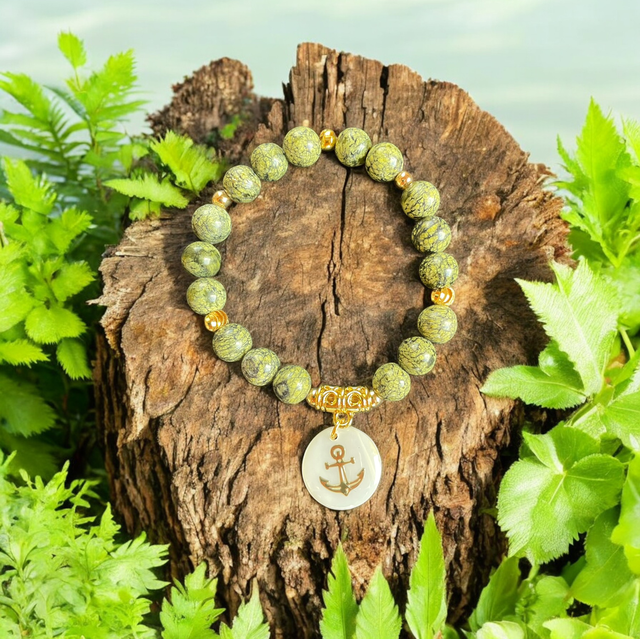 T13 Bracelet « Esperanza » serpentine, breloque ancre ⚓️ sur nacre 