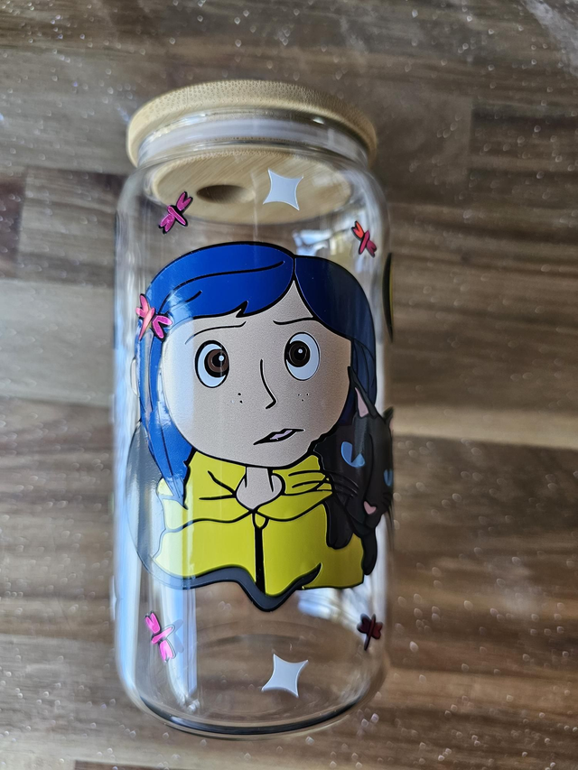 Coraline inspired glass coke can 