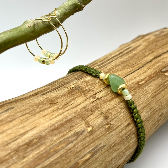 Green Harmony Set – Macramé-Armband & 18K Creolen