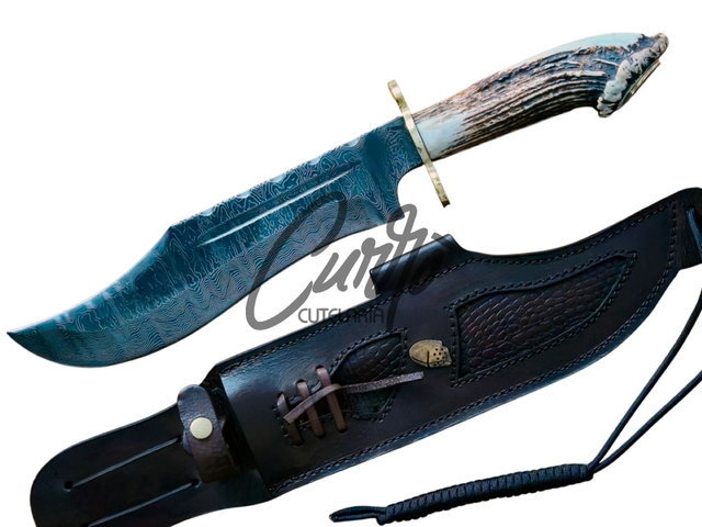 Faca Bowie Javalizeira Elmo Aço Damasco Cervo Edição Exclusiva 10"