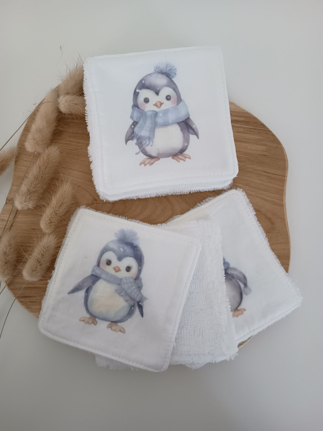 Lot de 8 cotons lavables pingouin bleu, collection "Douceur hivernale" 