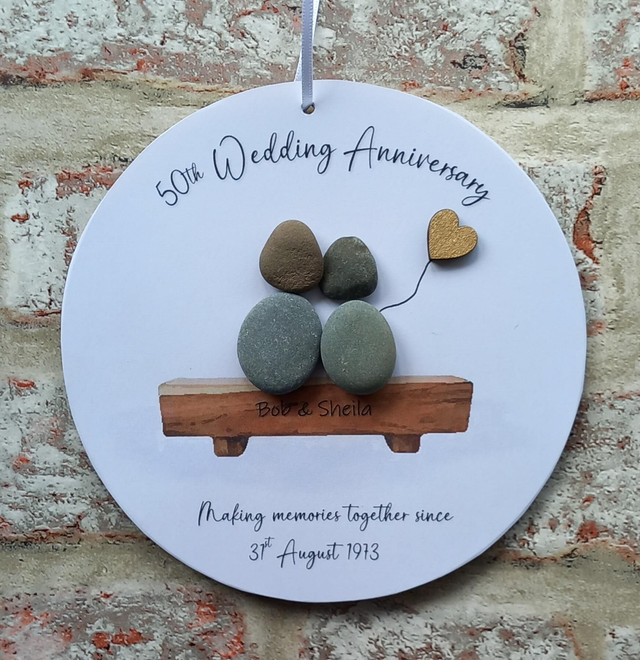 Couple on bench Anniversary sign, 50th Anniversary gift, Golden wedding 