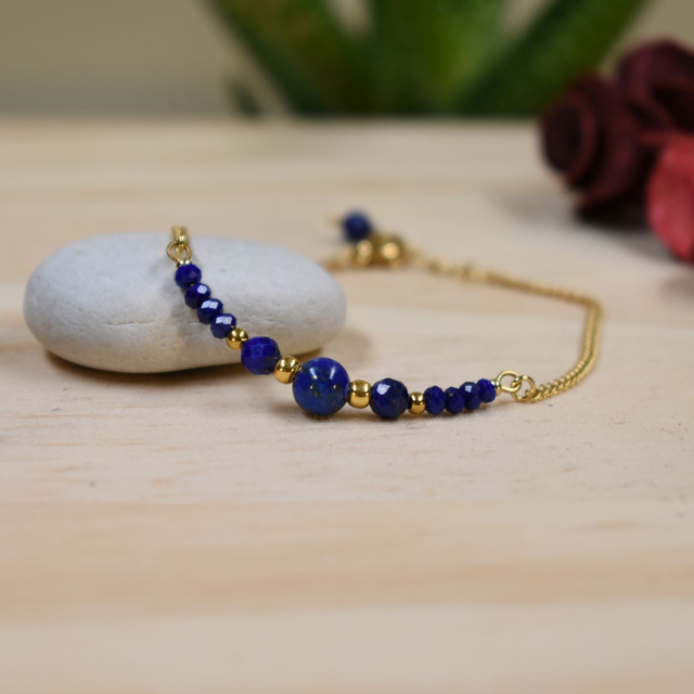 Bracelet fin gourmette et jonc en lapis lazuli naturel