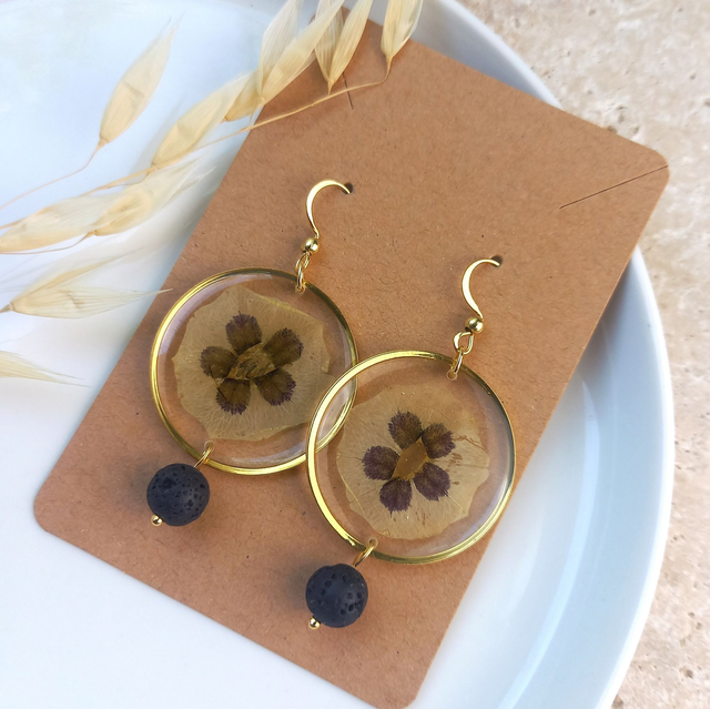 Boucles d'oreilles ∙ doré Fleurs séchées Physalis et pierre de lave