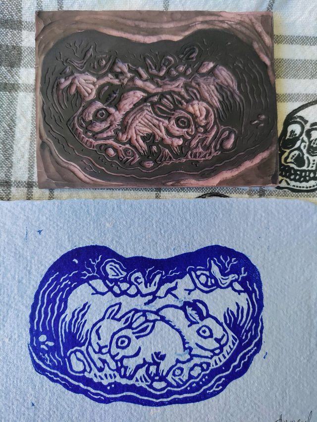 linogravure " le terrier des lapins " 10X15 cm blanc