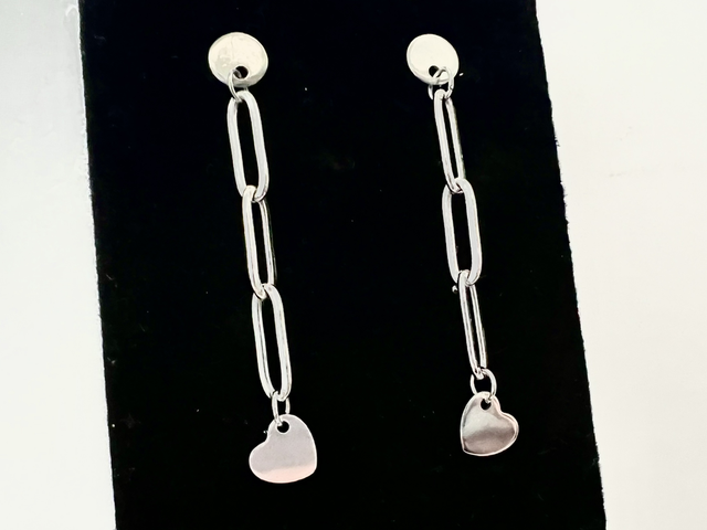 Paperclip Heart Drop Chain Earrings - Stainless Steel