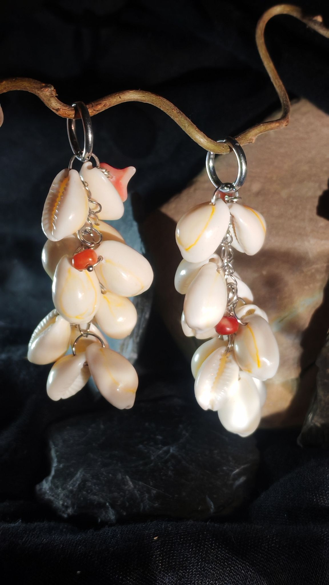 Boucles d'oreilles créoles acier, grappe de cauris et corail