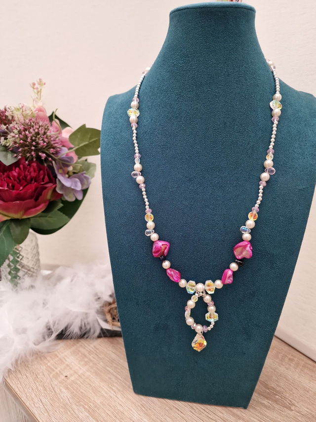 Collier Sautoir Perles Nacrées Perles Cristal Perles Coquillage Fuchsia