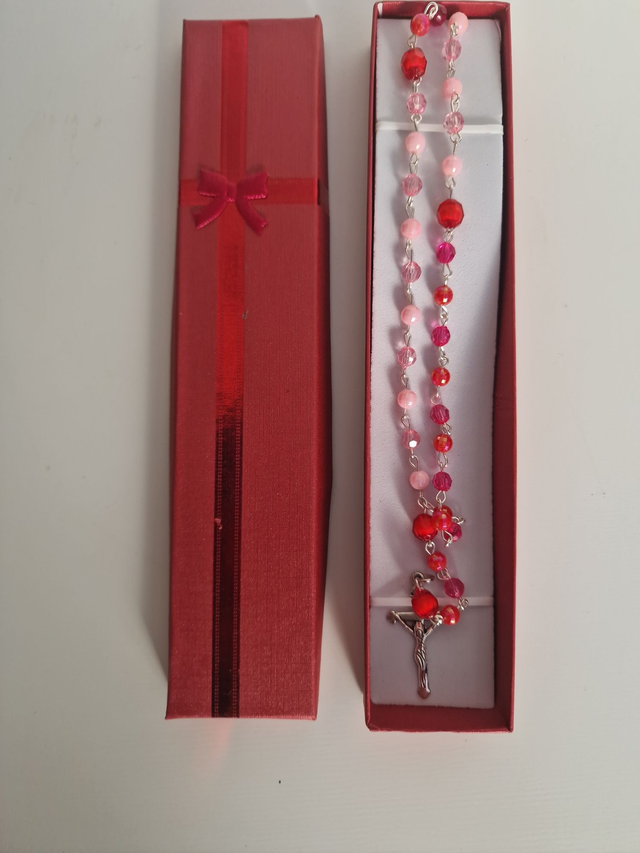 Collier Chapelet Perles Rouges Roses Croix Jésus Argentée