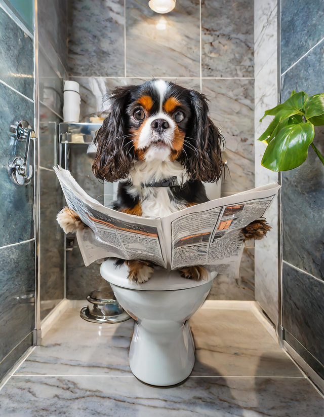 King Charles Cavalier on the Toilet Framed Canvas