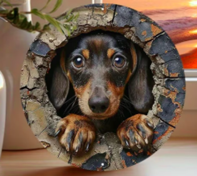 Wanddecoratie metalen bord Teckel in muur (20cm diameter)