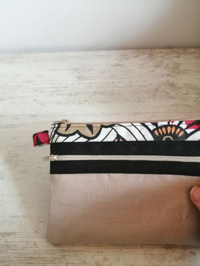 Pochette de rangement en lin à double fermeture