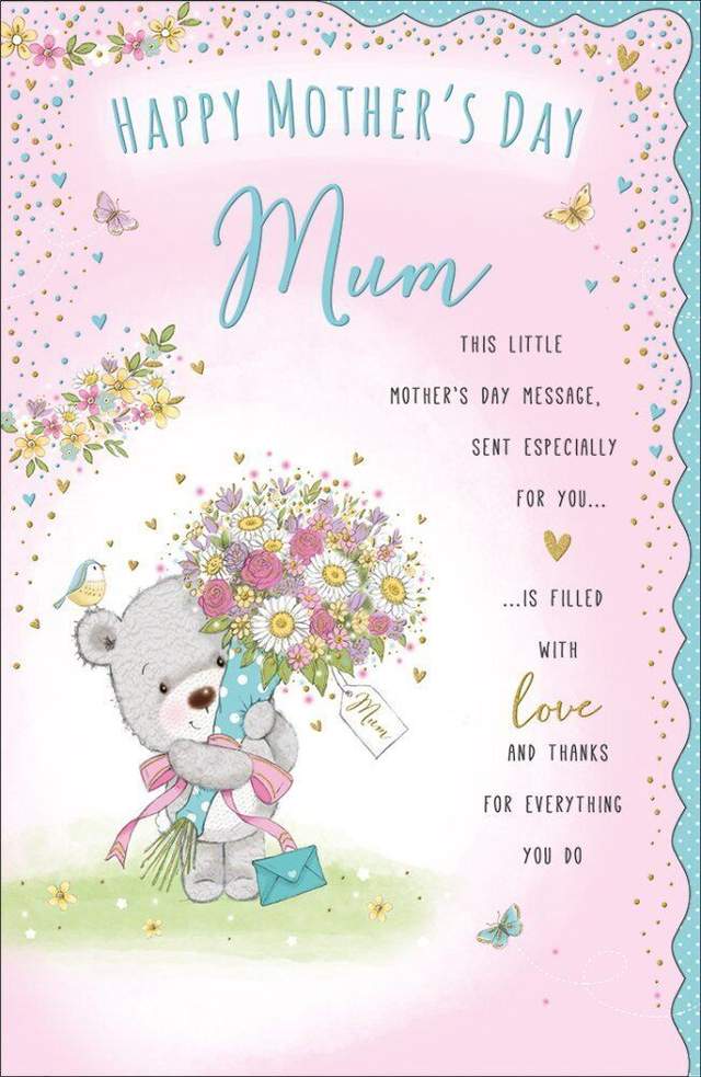 Mum Mothers Day Large Card Teddy Holding Flowers Design