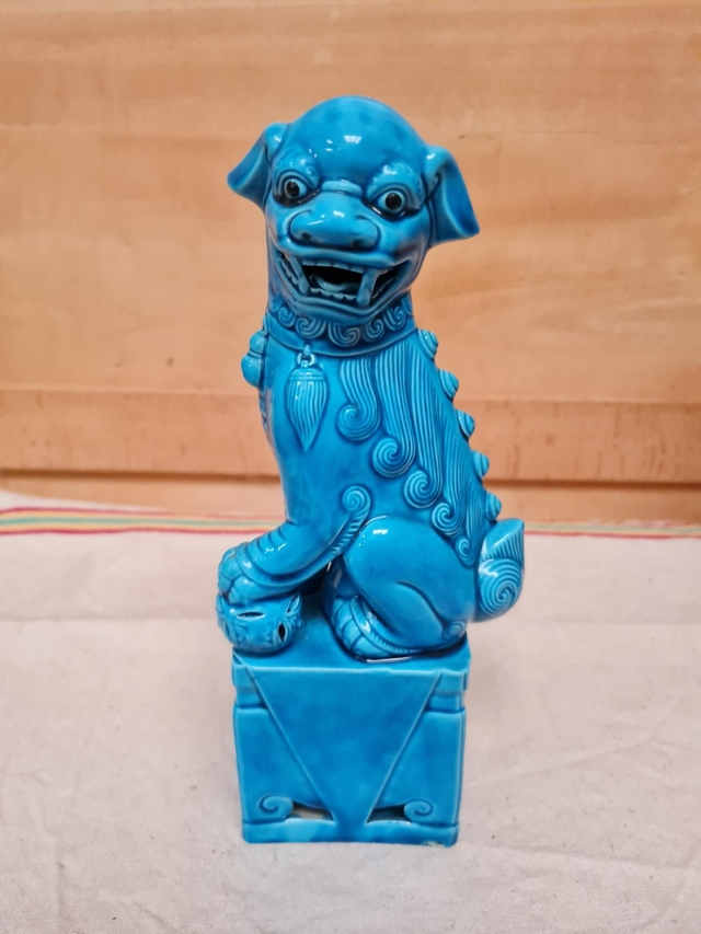 Art D’Asie Chien De Foo En Porcelaine À Glaçure Bleu Turquoise Chine 25,5 Cm