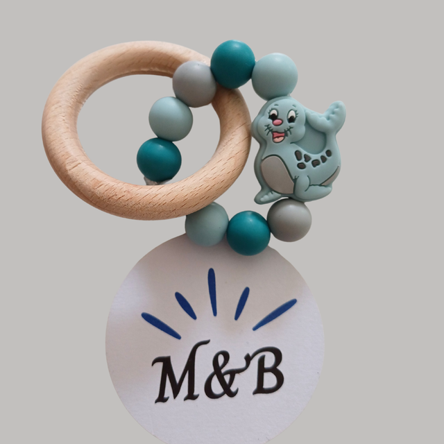 🔸 Anneau de dentition bois &amp; silicone – Phoque brume bleue 🦭