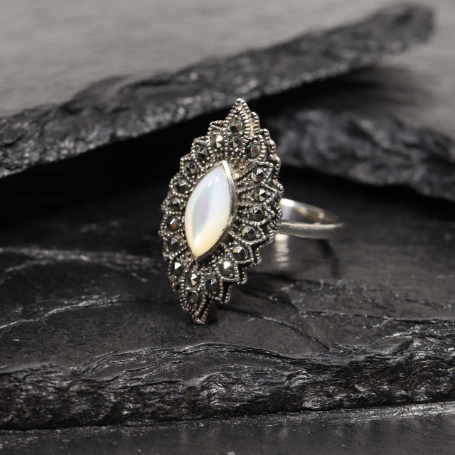 Vintage Sterling Silver 925 Art Deco Style White Marquise Cabachon Cut Mother Of Pearl With Marcasite Gemstone Fan Design Ring Size O - 7