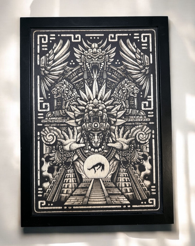 Gravure bois motif Aztec Inca dark avec pyramides et dieu mystique