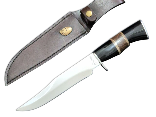 Faca Caça Elmo Bowie Cabo Resina Madeira Latão Bainha Couro