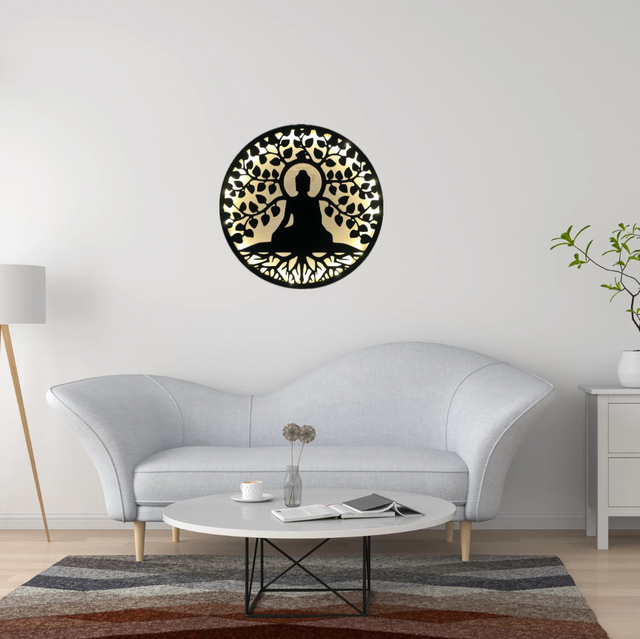 Tableau lumineux arbre de vie et bouddha en bois recyclé – Décoration murale LED upcycling