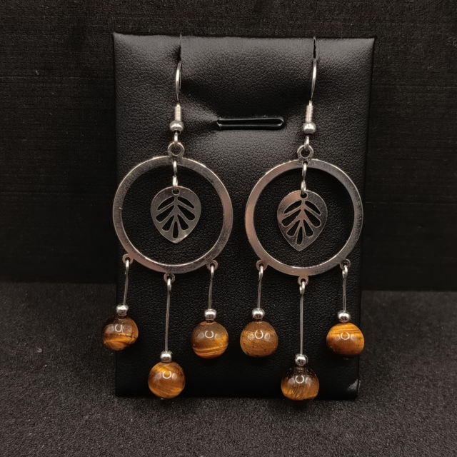 Boucles d’oreilles acier inox & œil de tigre – Cercle bohème feuille