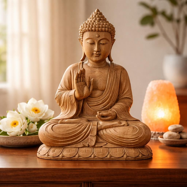 Statue "Bouddha mandra" 40 cm en bois sculpté à la main