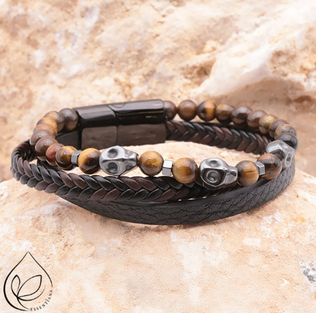 BRACELET ESSENTIANA NOXIS CUIR NOIR OEIL DE TIGRE qualité A