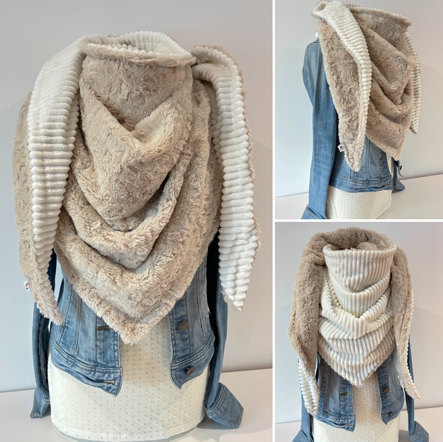 Maxi chèche, châle , écharpe « Happy Elisa Beige Clair » doublée en polaire côtelée écru