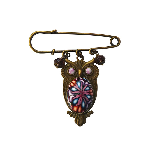 Broche épingle hibou mandala violet bleu
