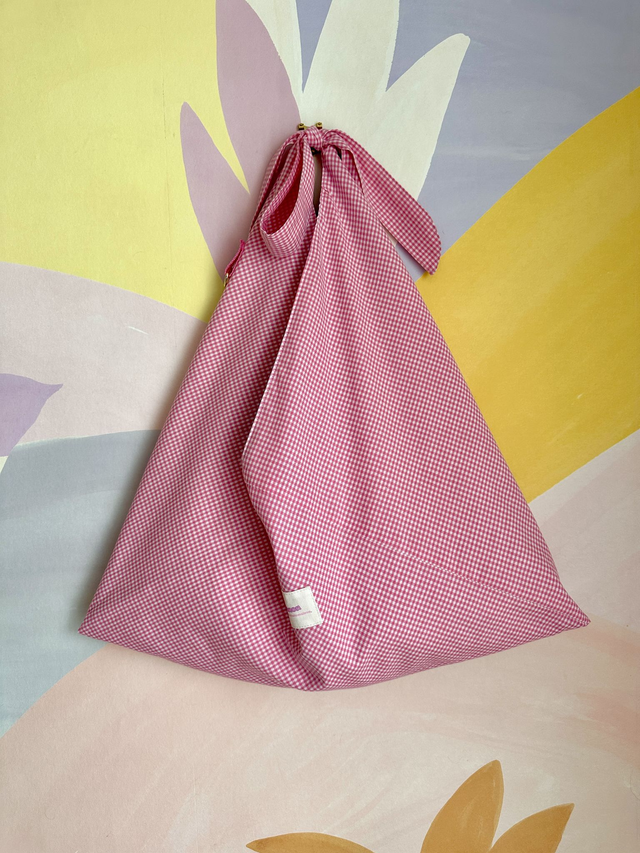 SAC ORIGAMI - Vichy rose / tissu uni bleu à fleurs - Fait main à Reims (France)