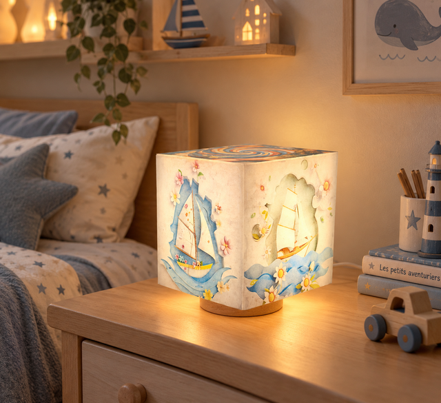 Lampe d'ambiance en cire 10x10cm - "Bateaux"