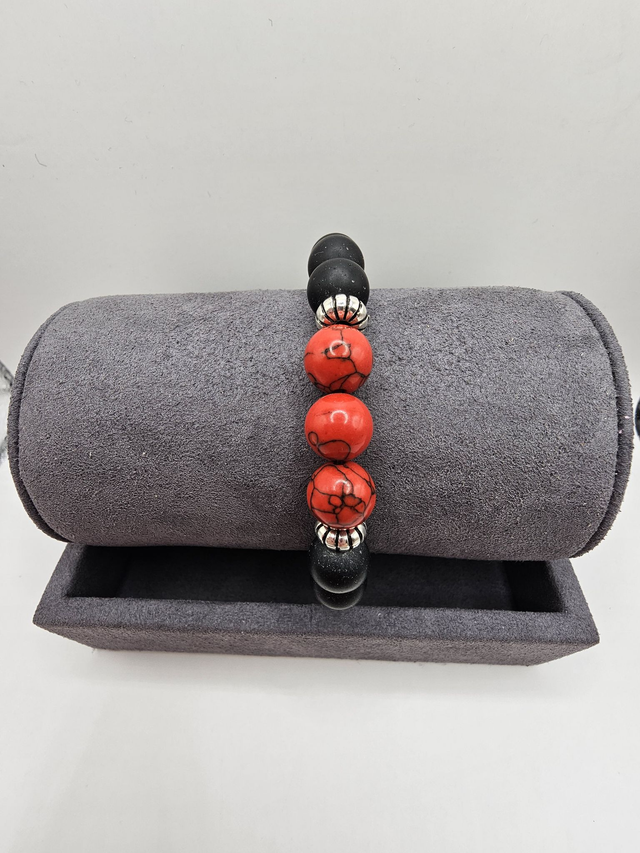 Mens Black Onyx & Red Turquoise Bracelet.