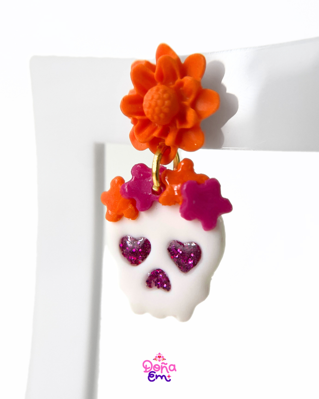Boucles d'oreilles "Calavera" - Fleurs oranges et roses, yeux roses
