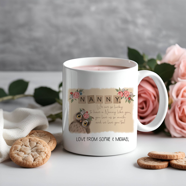 Persoanlised Owl Design Mug for Nanny, Nannie, Nanna, Nan. Gran, Grandma, Granny, Great Grandma