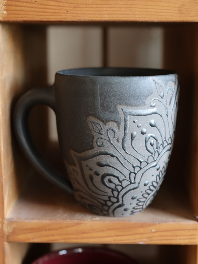 Matt Black Large Mug with beautiful Flower, handmade stoneware, Art Piece