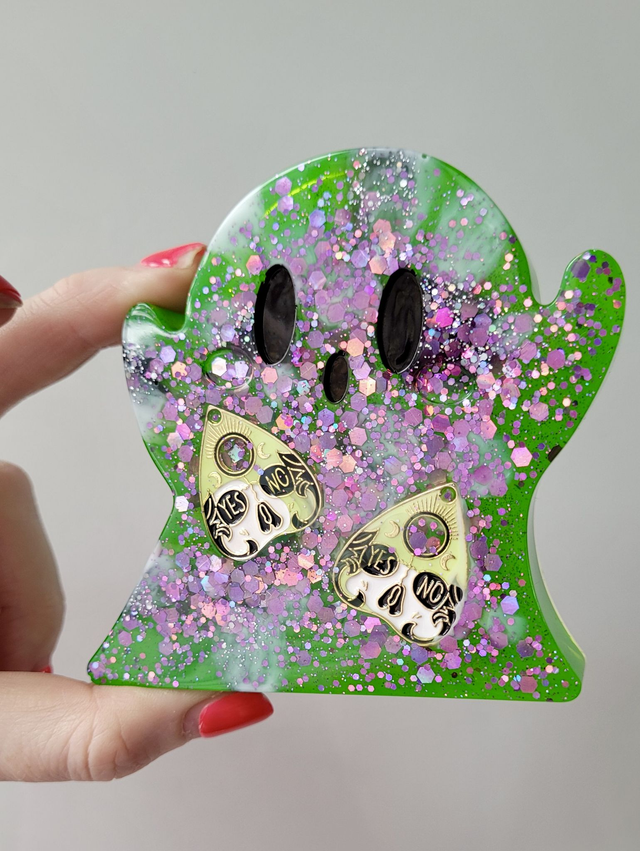 Ghost Ornament - Green &amp; Purple Glitter with Ouija Planchette Charms