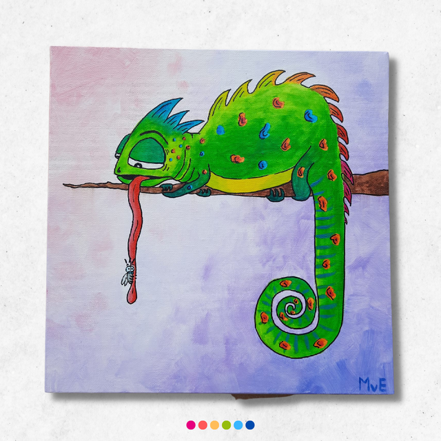 Kameleon en vlieg | Schilderij