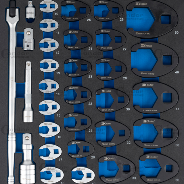 Schaumeinlage Hahnenfuss-Schlüssel 2/3, 32-tlg., 3/8"+1/2"+3/4"