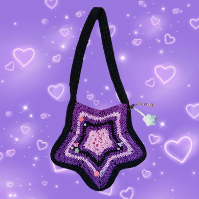 Purple Tamagotchi crochet star bag