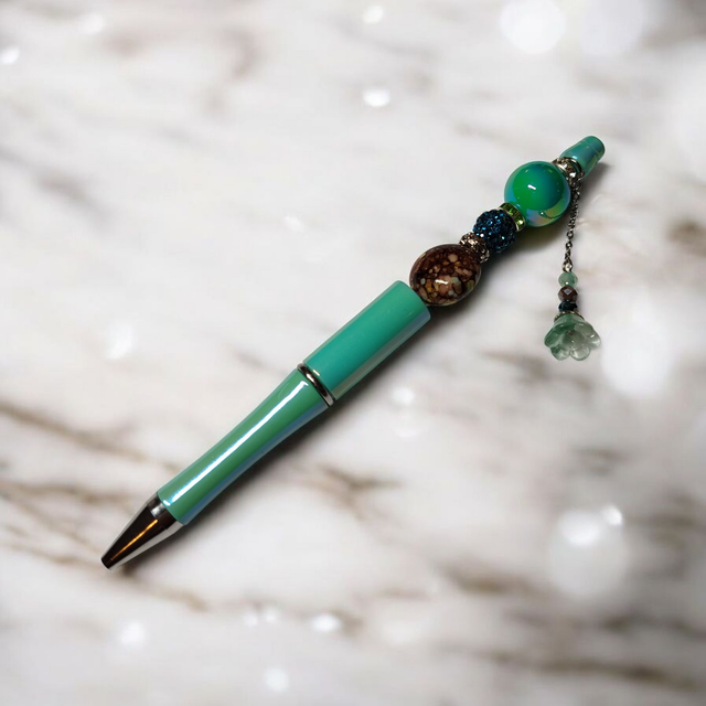 Stylo perles vert d'eau marron