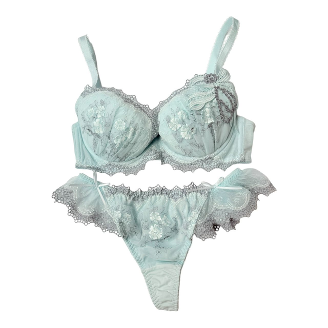 Blue bow appliqué Japanese Bra + Underwear Set UK 32C  