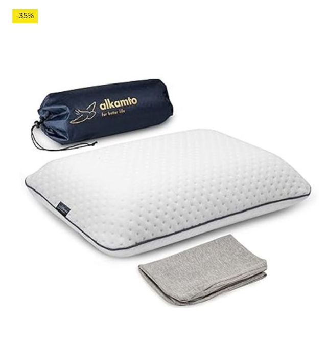 alkamto Almohada de Viaje Almohada de Camping – Espuma viscoelástica con Funda de algodón Adicional – Bolsa incluida