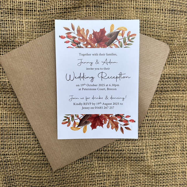 Pack of A6 single sided evening invitations - Autumn leaves design