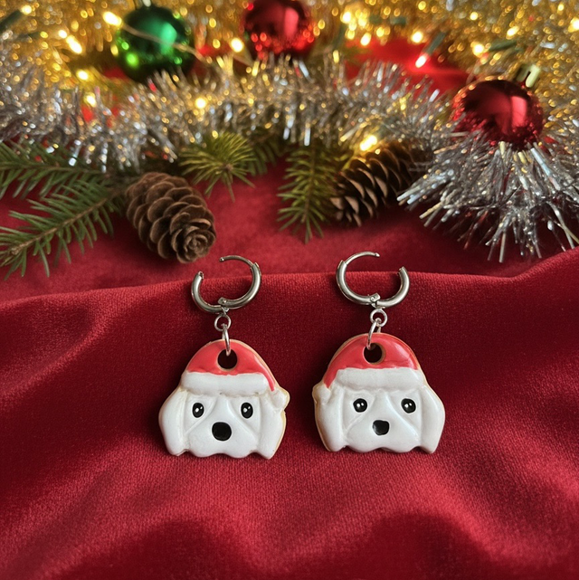 Polymer Clay Festive Dog Earrings - White