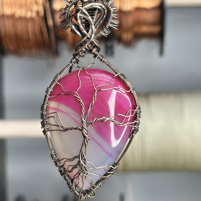 Tree of life Banded Agate pure copper wire wrapped pendant 