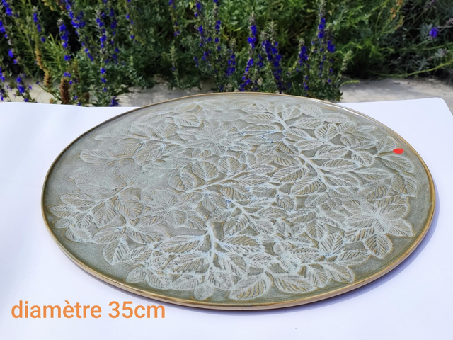 Grand plateau argenté incrusté feuillage