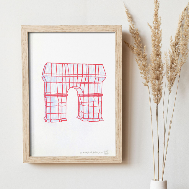 Arc de Triomphe Wrapped • Linogravure bleue et rouge 21 x 30 cm