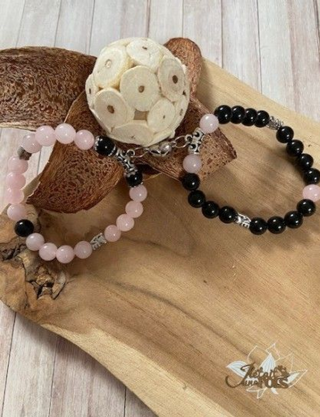 Bracelet &quot;Couple&quot; Obsidienne Noire/Quartz Rose